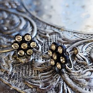 Vintage Flower Shaped Rhinestone Embellished Screw Back Earrings